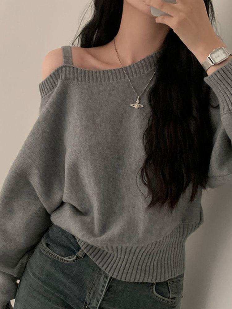 Cold-Shoulder Plain Sweater Product Image