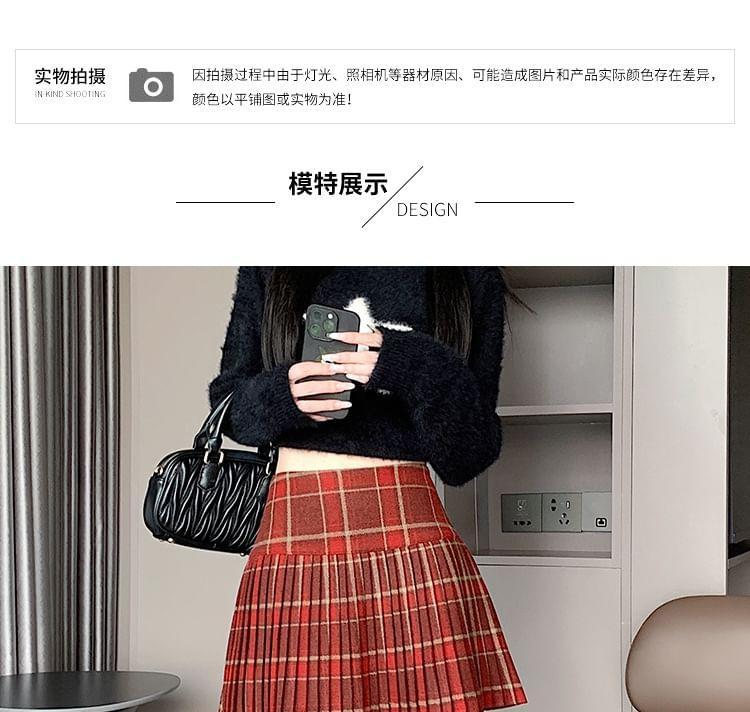 High Waist Plaid Pleated Mini A-Line Skirt Product Image