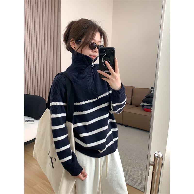 Stand Collar Striped Half Zip Sweater Product Image