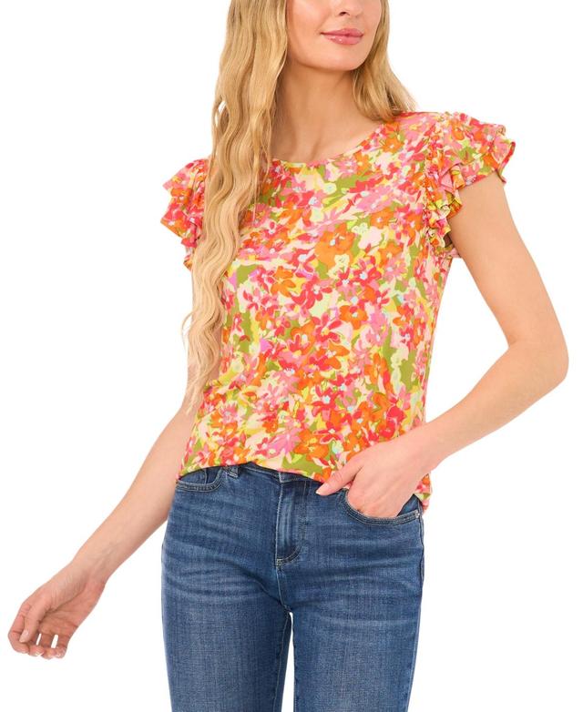 Women's Floral Print Double Ruffled Sleeve Crewneck Knit Top Product Image