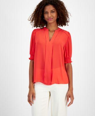 Women's Split-Neck Smocked-Sleeve Top Product Image