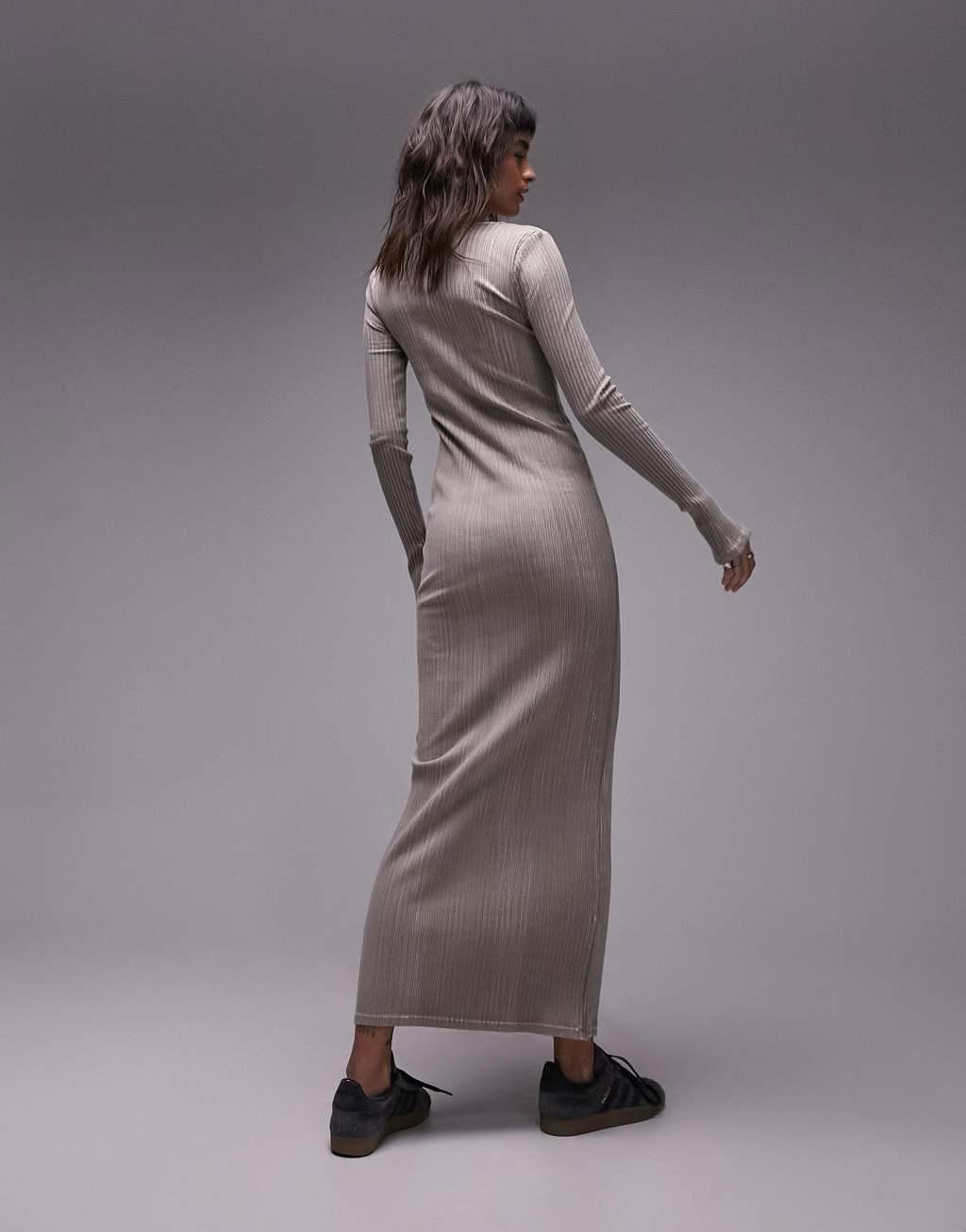 Topshop ribbed bleach wash scoop neck jersey midi dress in gray and pink Product Image