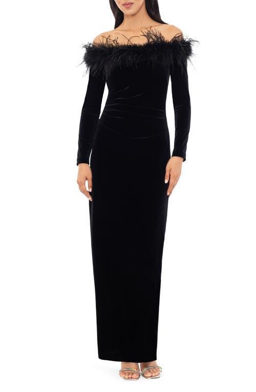 Xscape Feather Trim Off the Shoulder Long Sleeve Scuba Maxi Dress Product Image