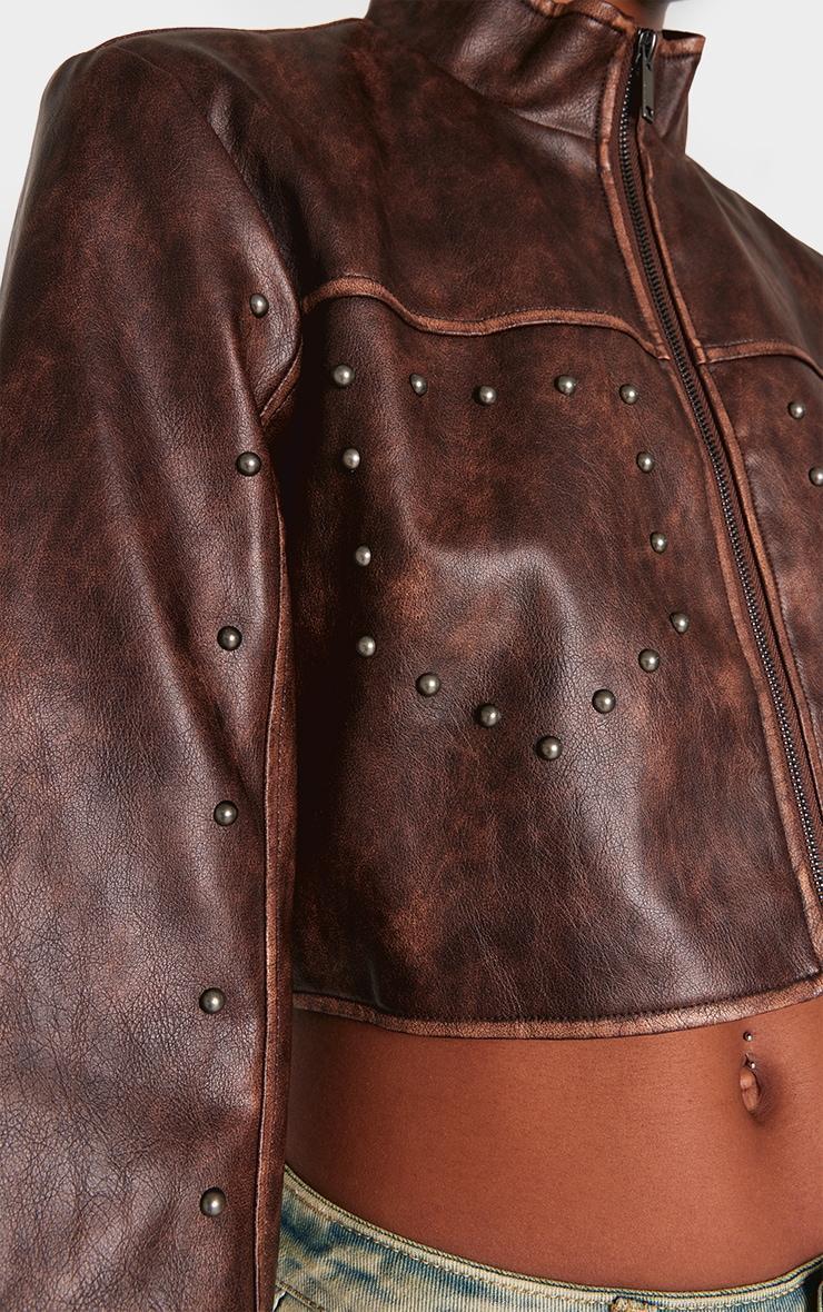 Brown Faux Leather Studded Cropped Jacket Product Image