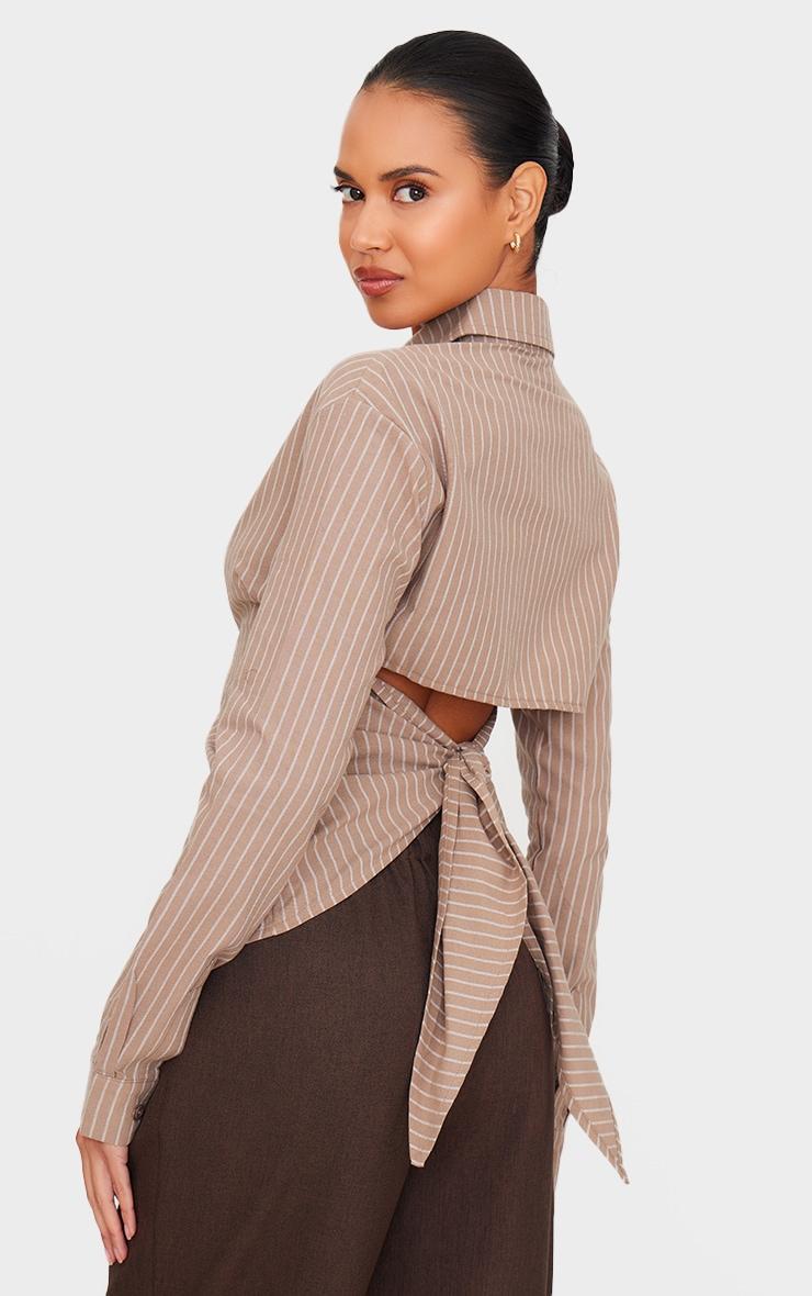 Taupe Striped Fitted Open Tie Back Shirt Product Image