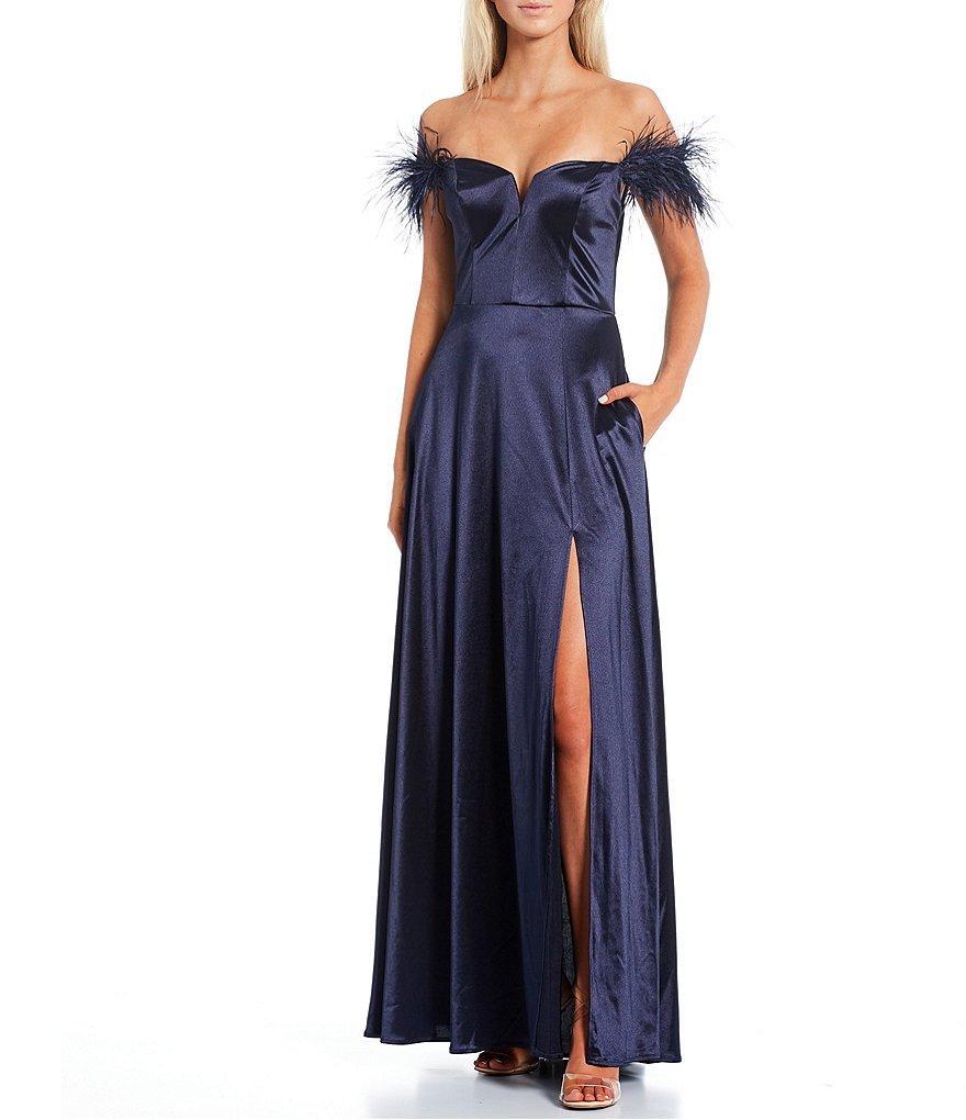 City Vibe Off-The-Shoulder Feather Trim Long Dress Product Image