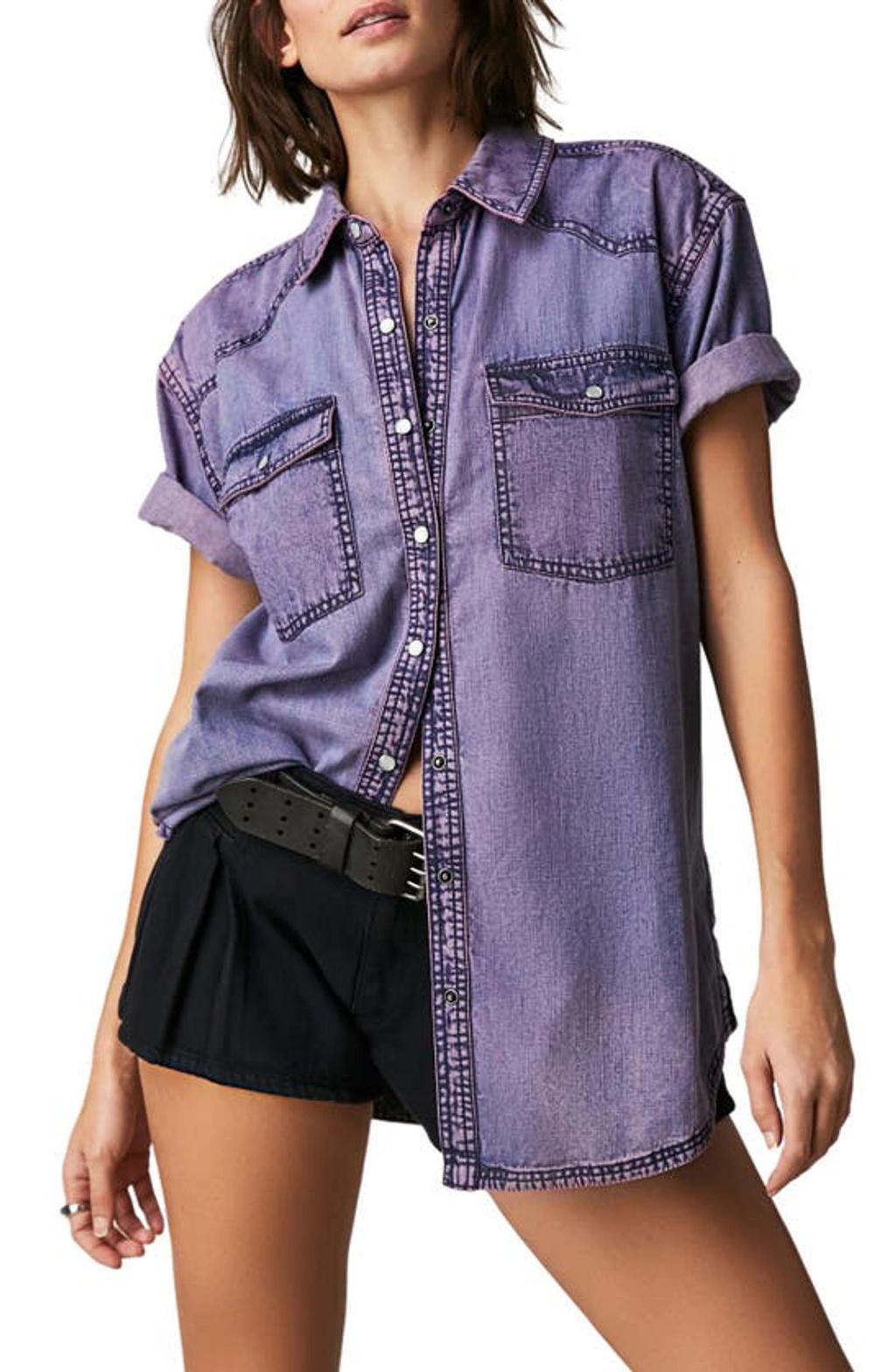 The Short Of It Denim Shirt In Purple Product Image