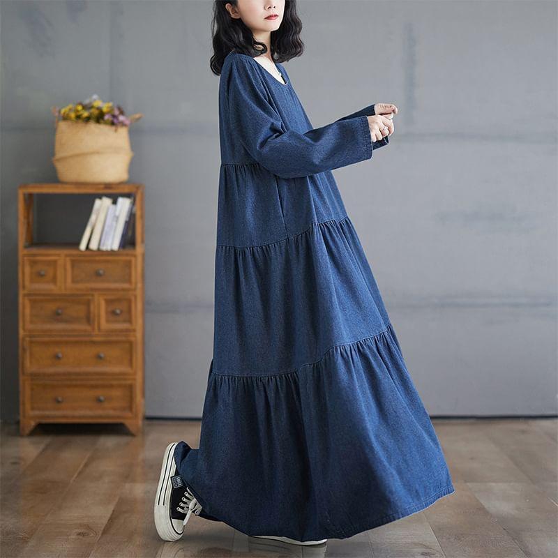 3/4-Sleeve Plain Denim Maxi Smock Dress Product Image