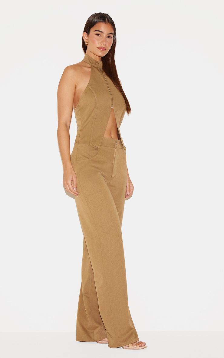  Khaki Woven High Neck Zip Detail Straight Leg Jumpsuit Product Image