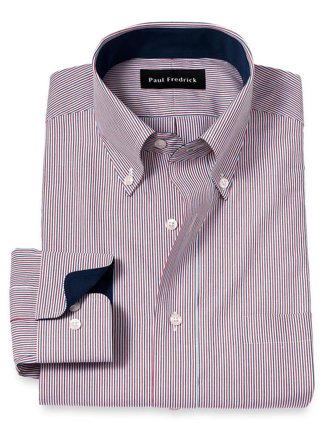 Non-Iron Cotton Stripe Dress Shirt With Contrast Trim - Red Product Image