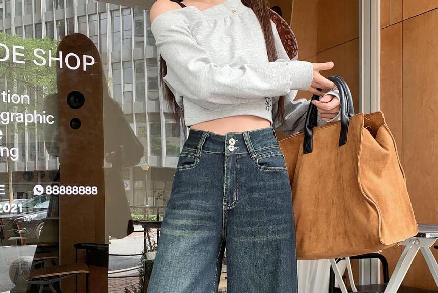 High Waist Washed Wide Leg Jeans Product Image