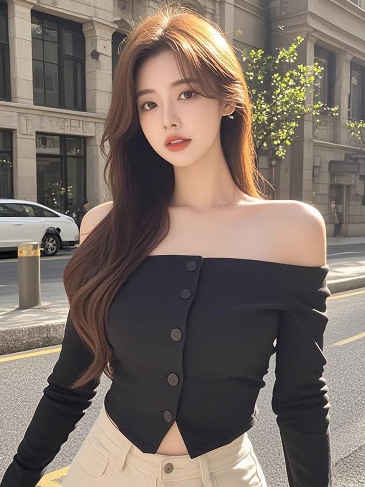 Long-Sleeve Off-Shoulder Plain Button-Up Front-Slit Crop Top Product Image