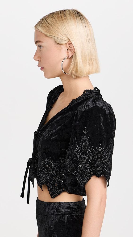 Moon River Short Puff Sleeve Eyelet Detail Velvet Top | Shopbop Product Image