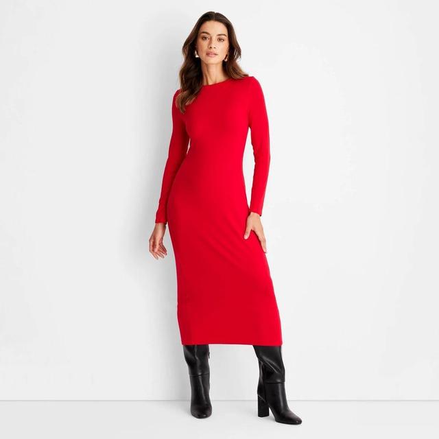 Womens Long Sleeve Ribbed Midi Bodycon Dress - A New Day Burgundy Product Image