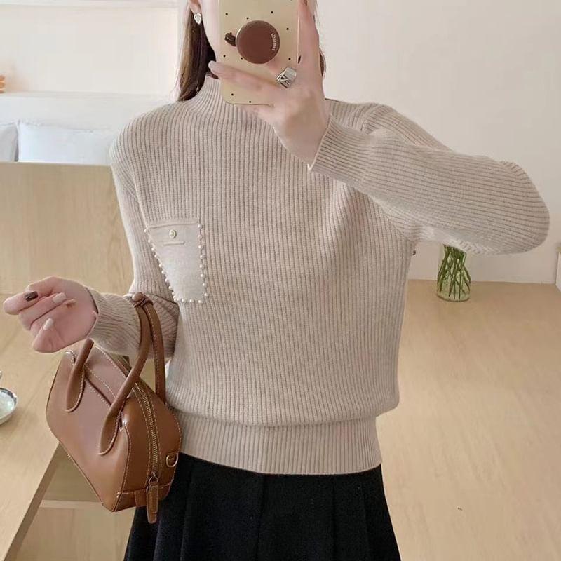 Mock Neck Plain Faux Pearl Detail Sweater Product Image