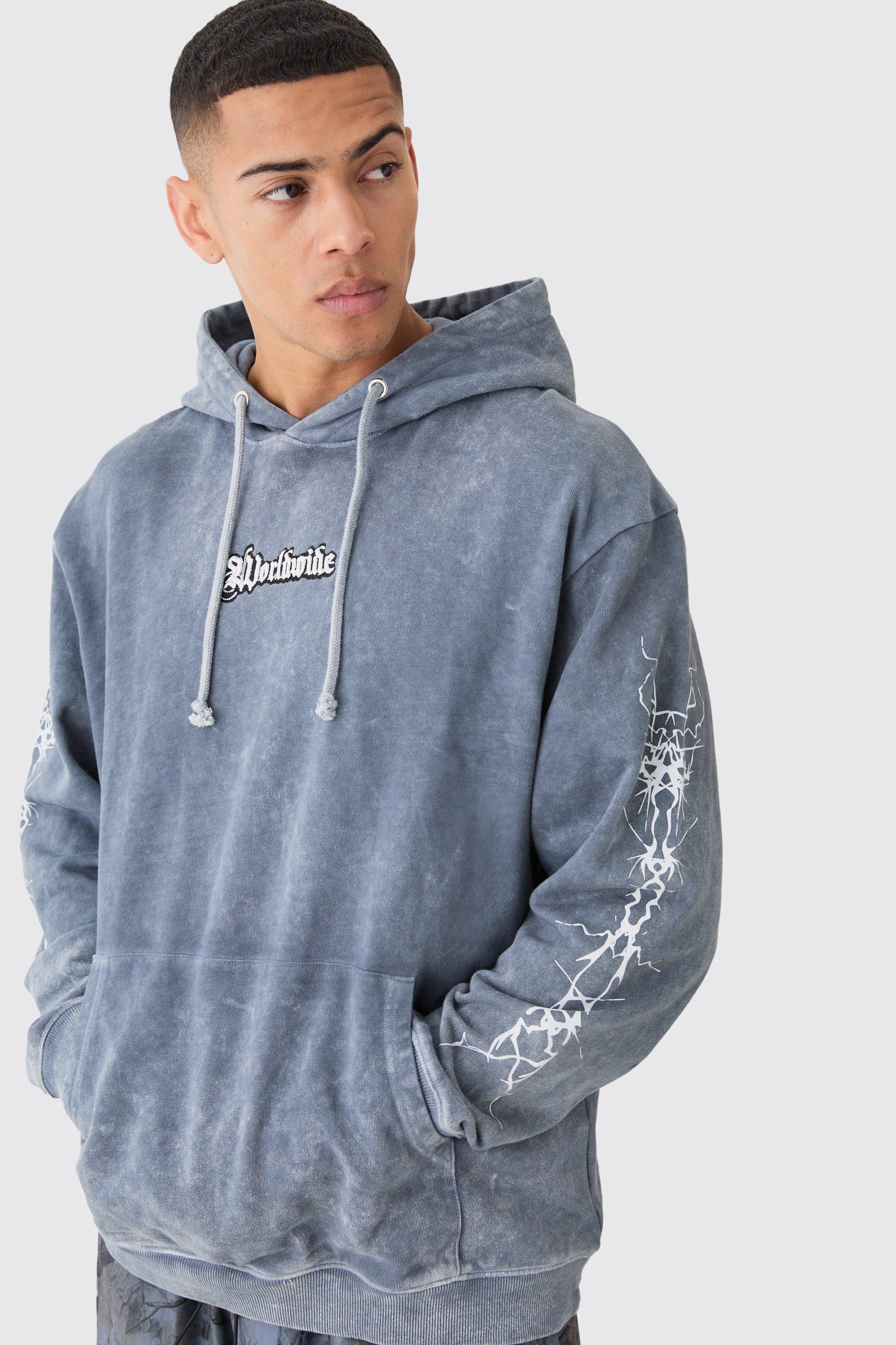 Mens Grey Oversized Acid Wash Embroidered Wing Graphic Hoodie, Grey Product Image