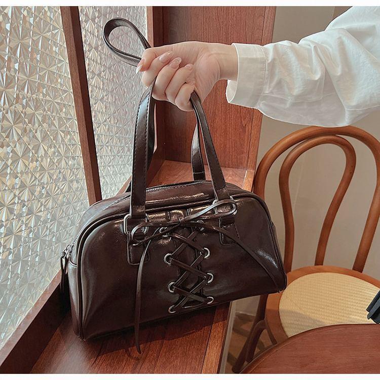 Lace-Up Faux Leather Bowler Bag Product Image