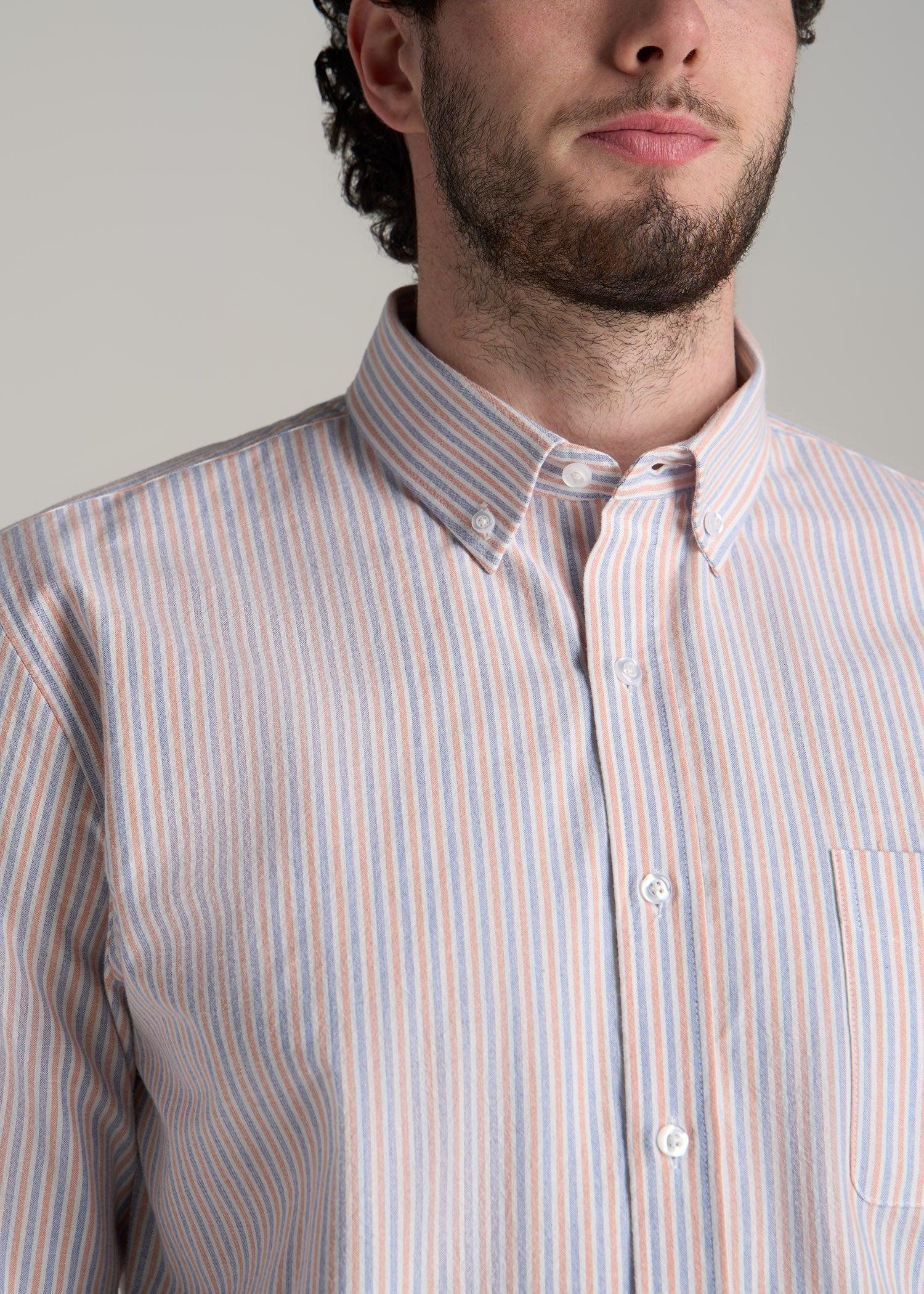 Washed Oxford Shirt for Tall Men in Apricot and Blue Multi Stripe Male Product Image