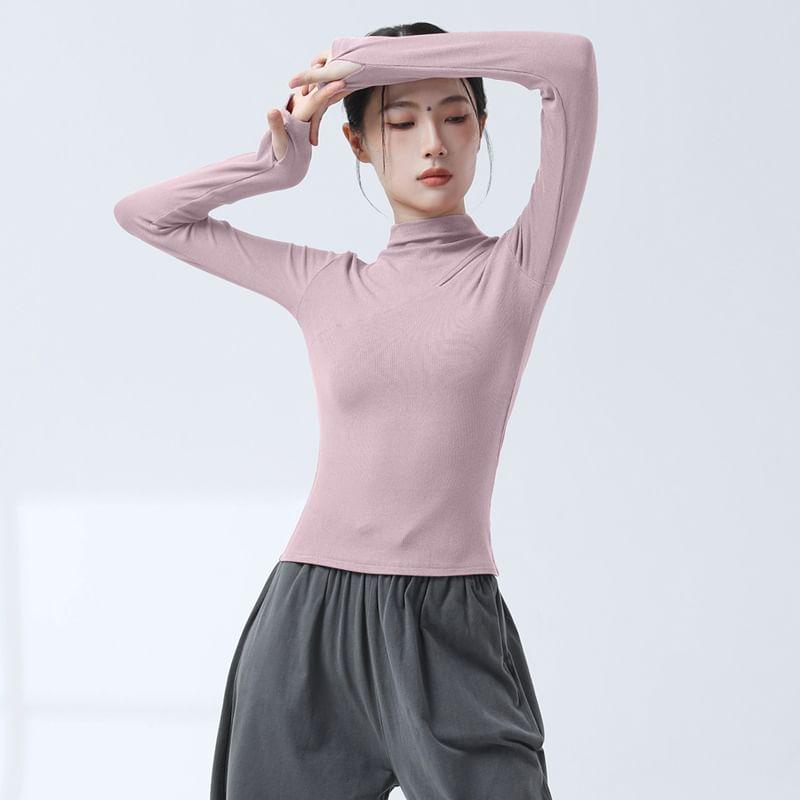 Long-Sleeve Mock Neck Plain Cutout T-Shirt Product Image