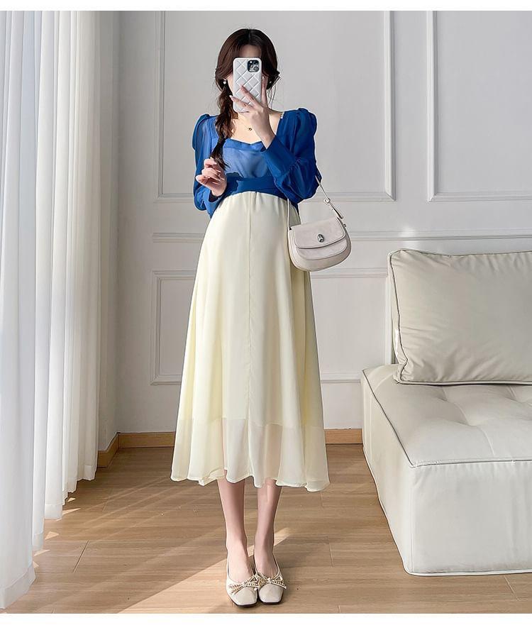 Maternity Mock Two-Piece Puff-Sleeve Two-Tone Midi A-Line Dress Product Image