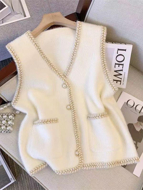 Loose Sleeveless Buttoned V-Neck Vest Outerwear Product Image