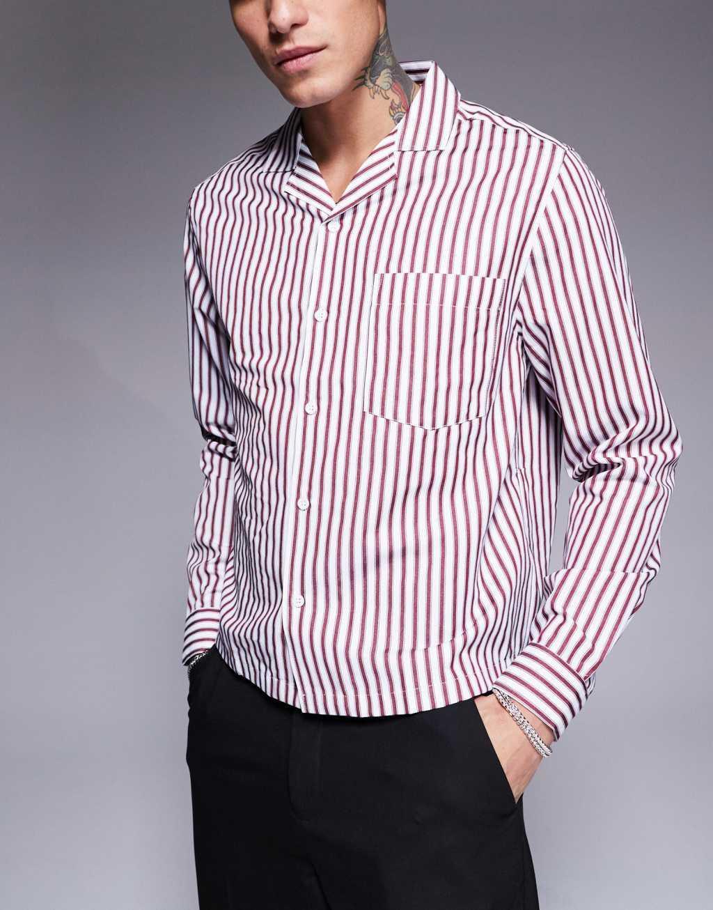 ASOS DESIGN boxy relaxed camp collar shirt in burgundy and pink stripe Product Image