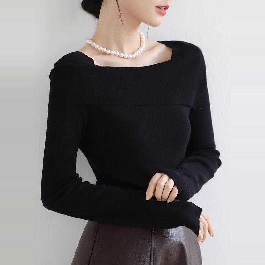 Long Sleeve Boat Neck Plain Knit Top Product Image