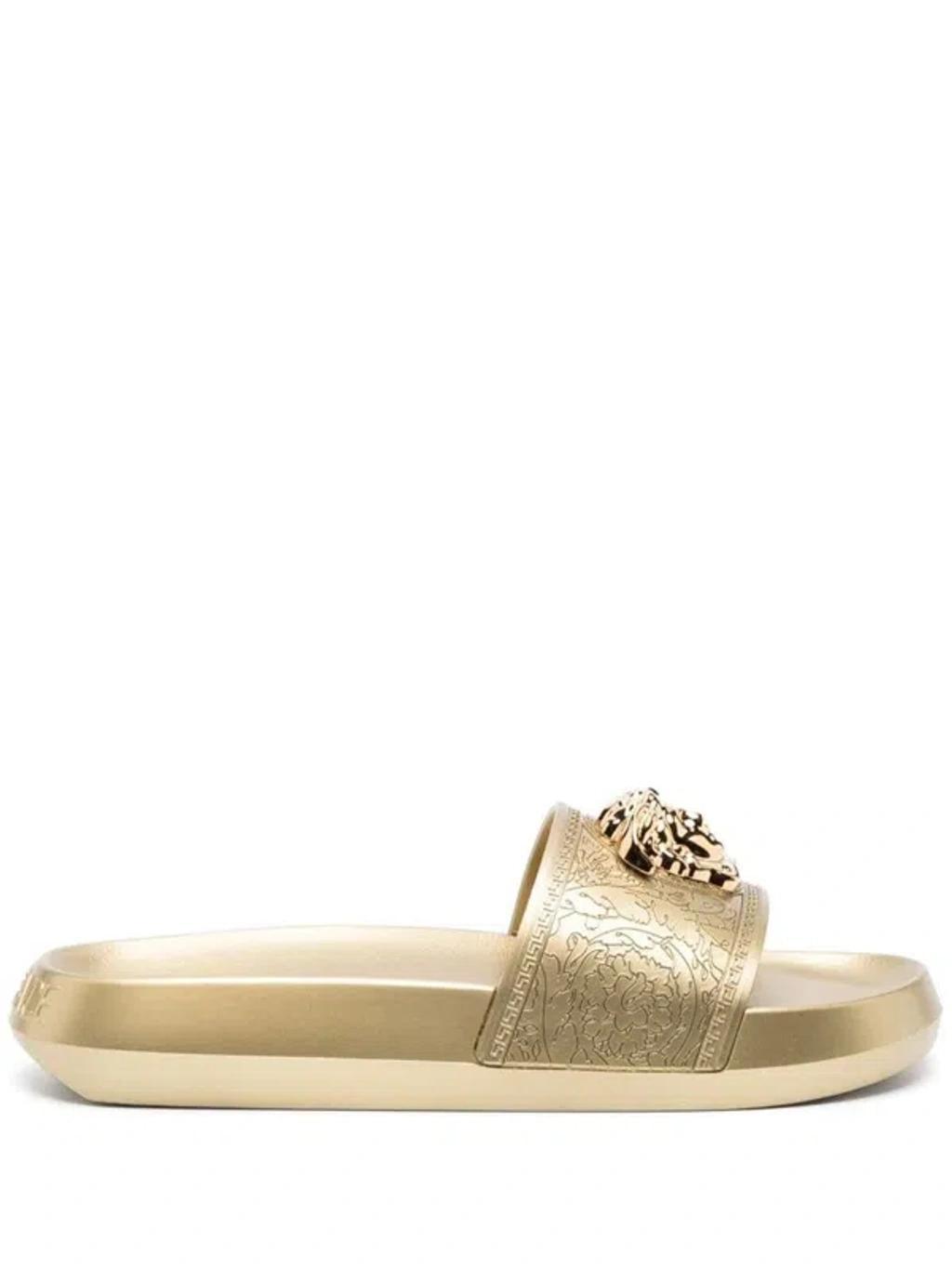 VERSACE Beige Palazzo Slides In Gold Product Image