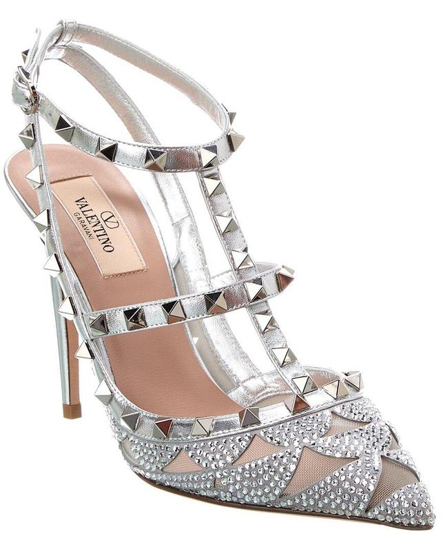 Valentino Rockstud Caged 100 Leather & Mesh Pump In Silver Product Image