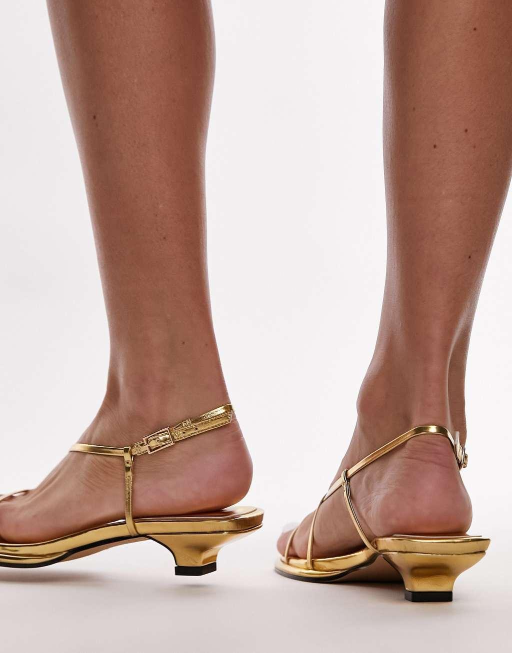 Topshop Ines strappy kitten heel sandals in gold Product Image