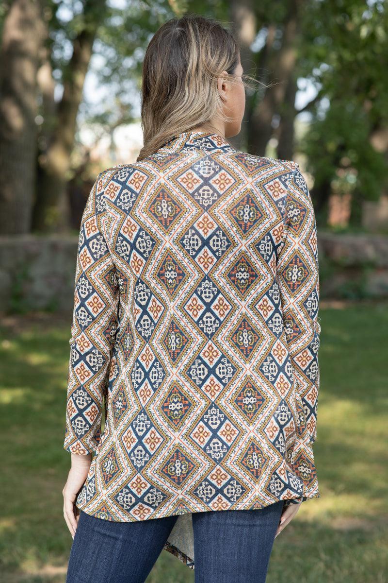 Camel and Teal Multicolor Aztec Cardigan Product Image