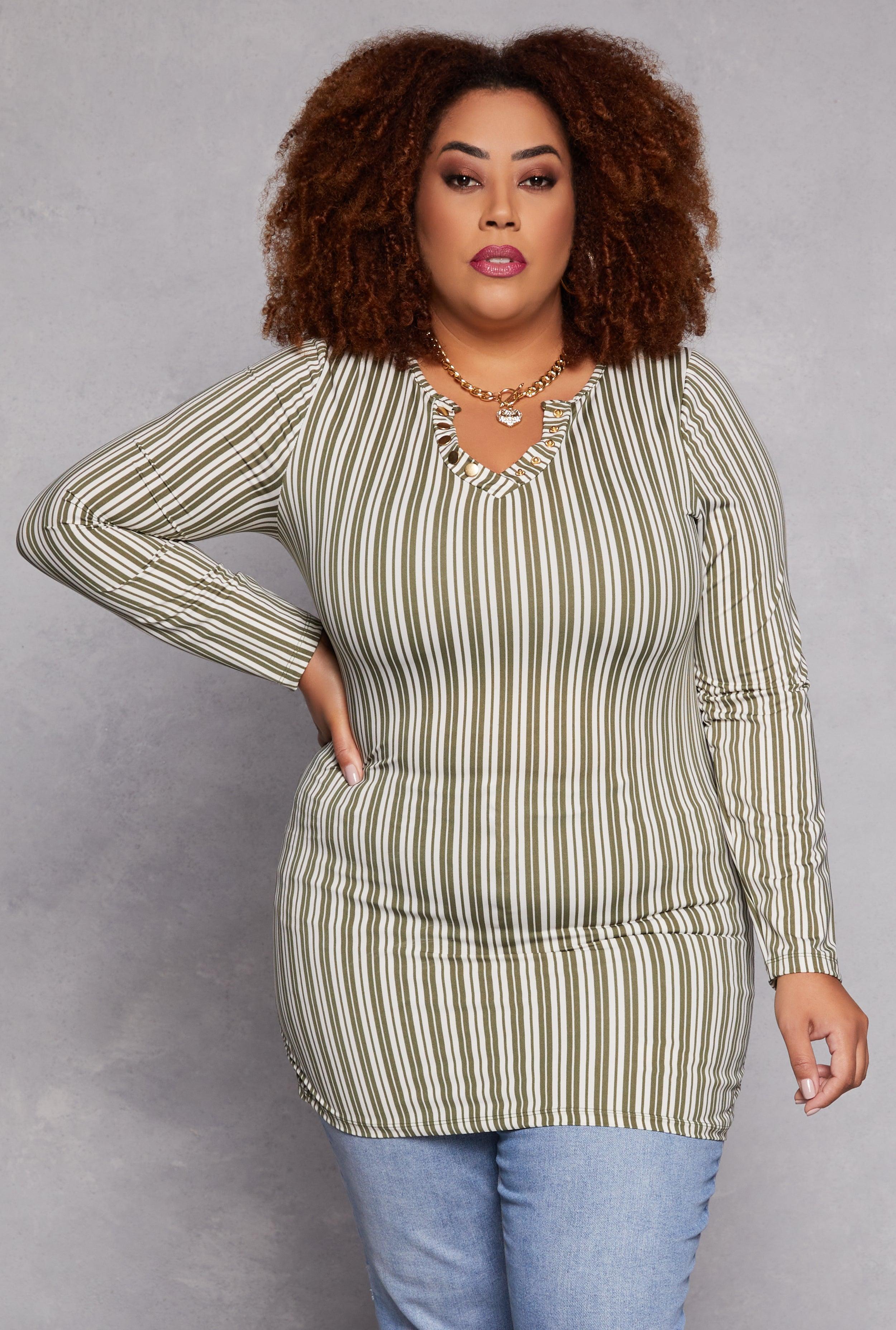 Womens Plus Size Striped Snap Button Notch Neck Top Product Image