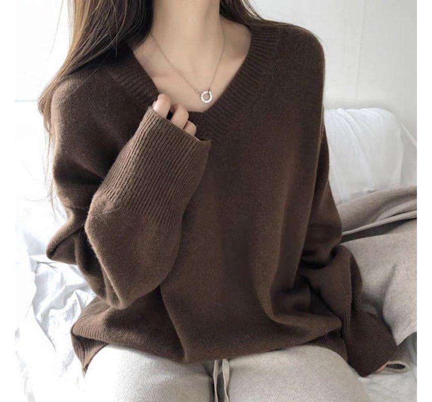 V-Neck Plain Sweater Product Image