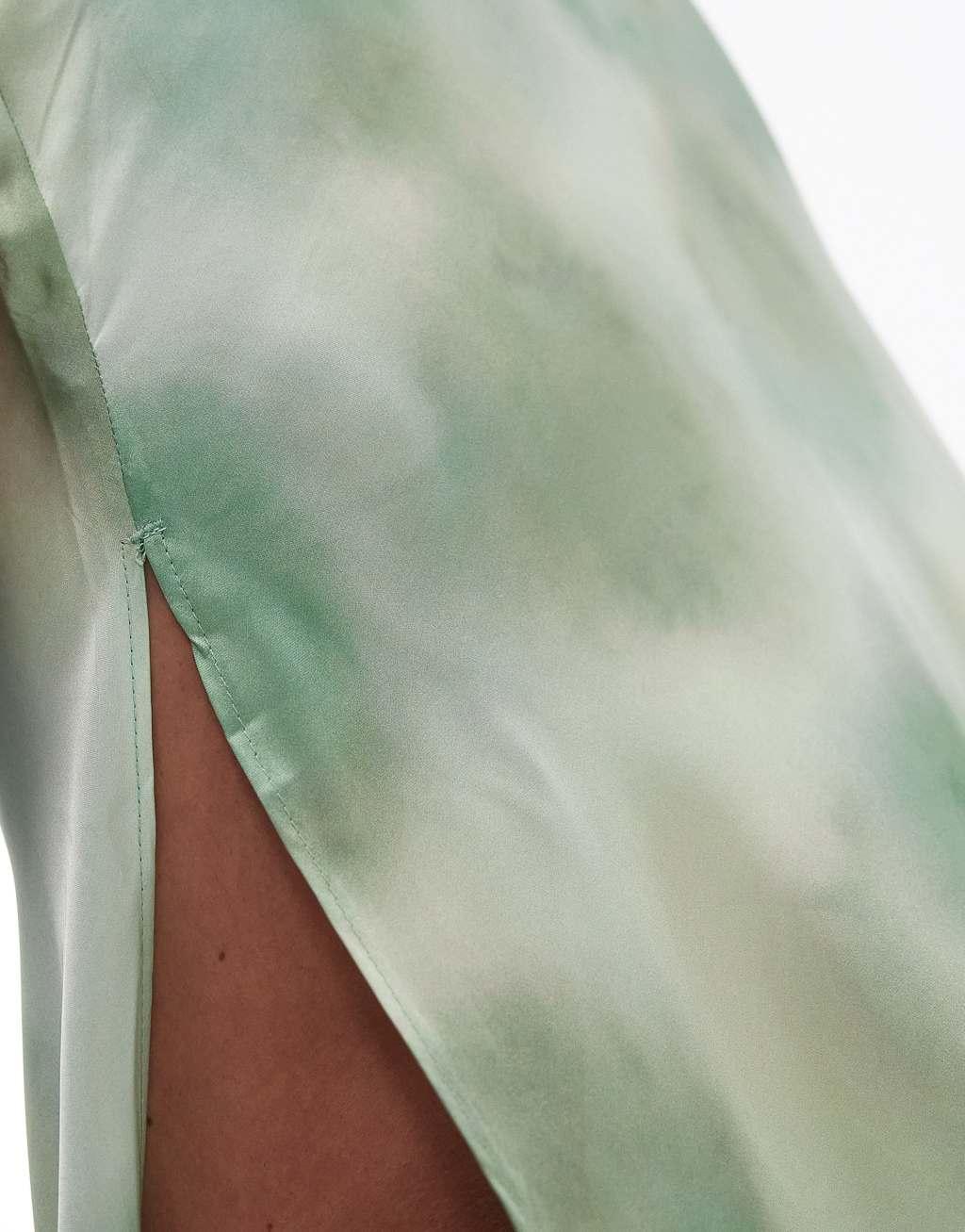 Topshop satin tie dye bias cut skirt in green Product Image