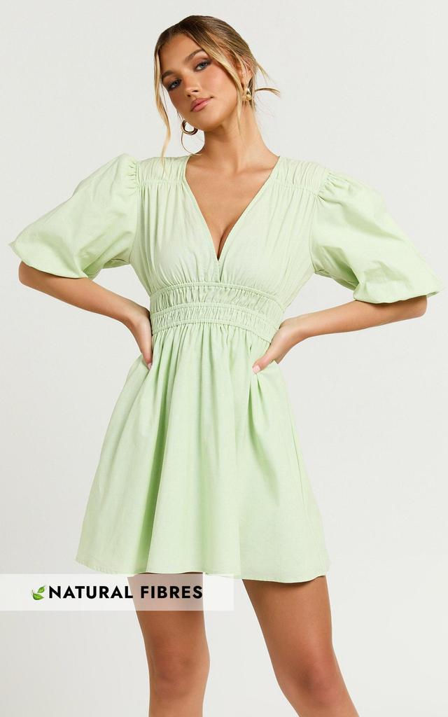 Francesca V Neck Puff Sleeves Mini Dress in Green Product Image