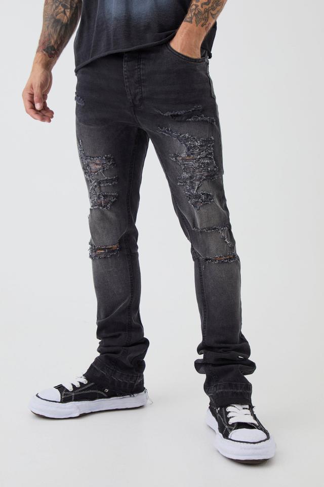 Skinny Stretch Stacked Flared Ripped Jeans | boohooMAN USA Product Image