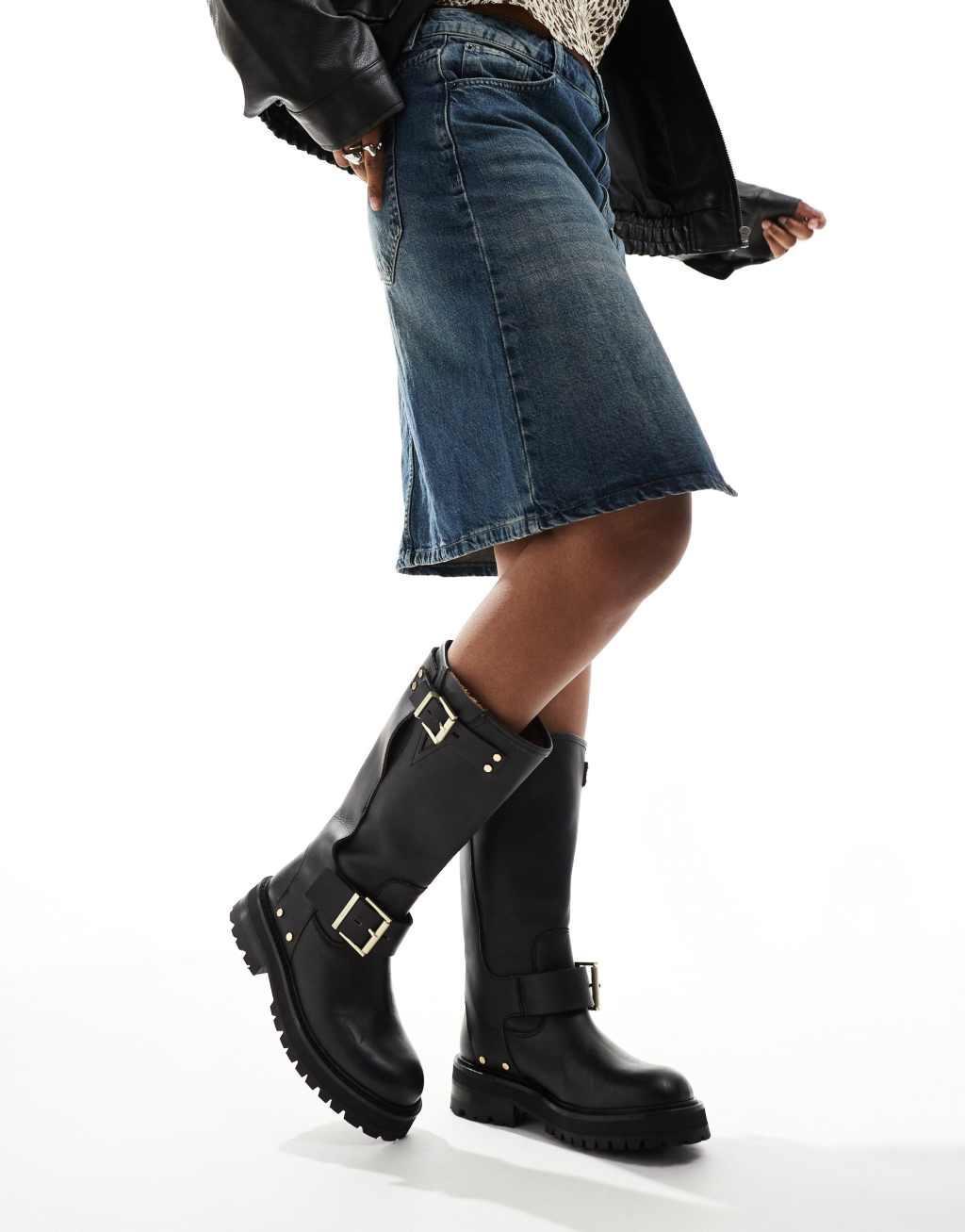 AllSaints Tay leather buckle biker boots in black Product Image