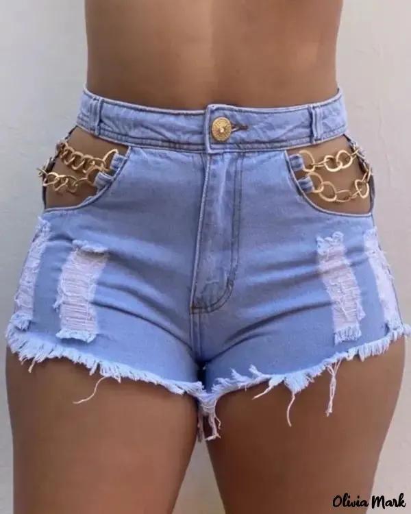 Olivia Mark – Chain Decor Denim Shorts with Raw Hem and Ripped Cutouts Product Image