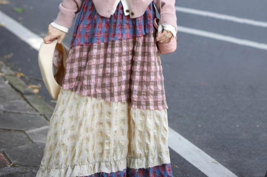 High Rise Plaid Patchwork Maxi A-Line Skirt / Two Tone Mock Two-Piece Cardigan Product Image