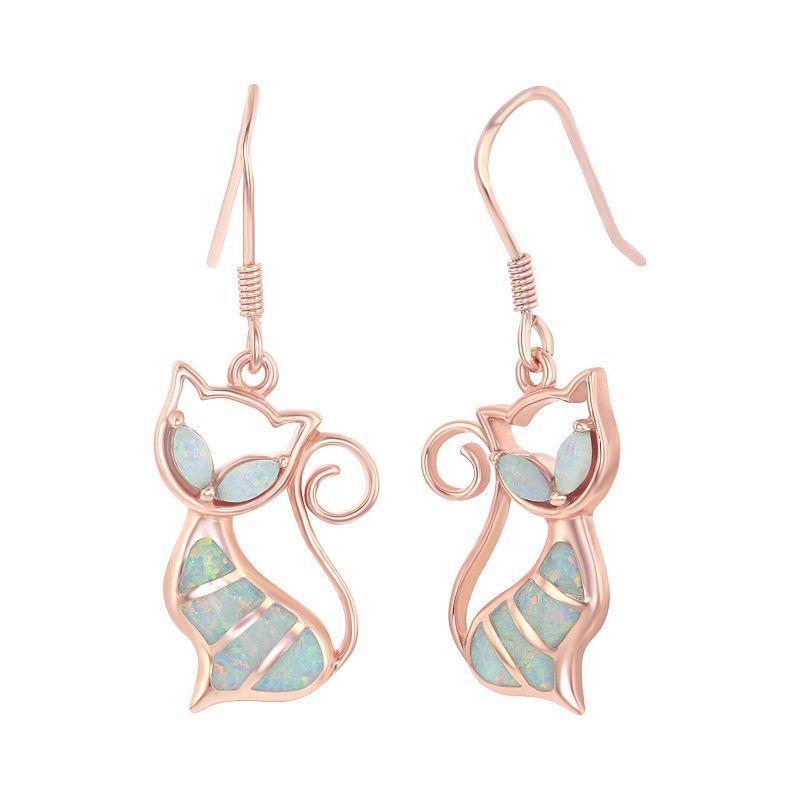 14k Rose Gold Over Silver Lab-Created Opal Cat Drop Earrings, Womens, Pink Tone Product Image