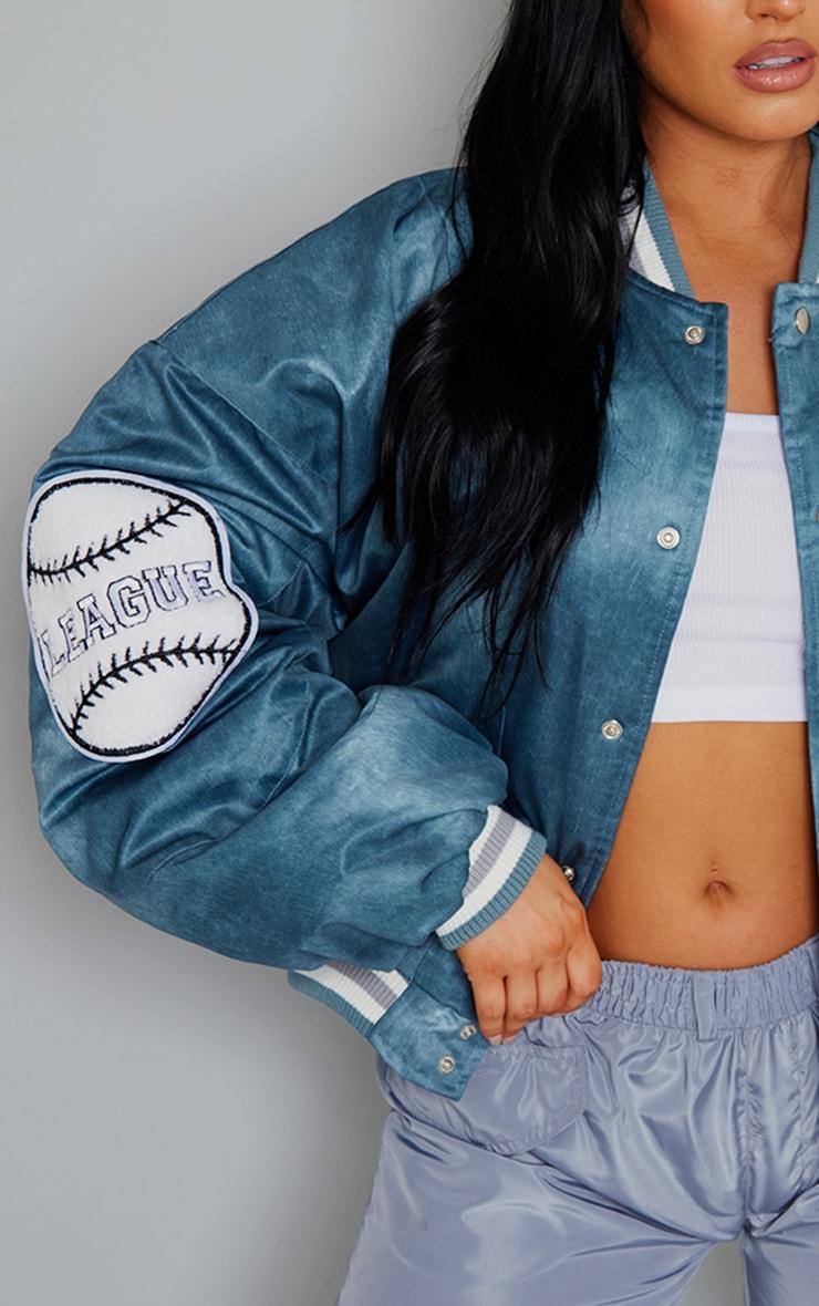 PRETTYLITTLETHING Blue Graphic Back Brushed Look Satin Bomber Jacket Product Image