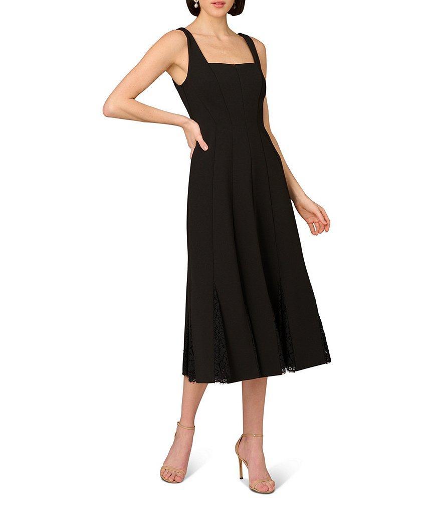 Aidan by Aidan Mattox Crepe Square Neck Sleeveless Lace Insert A-Line Midi Dress Product Image