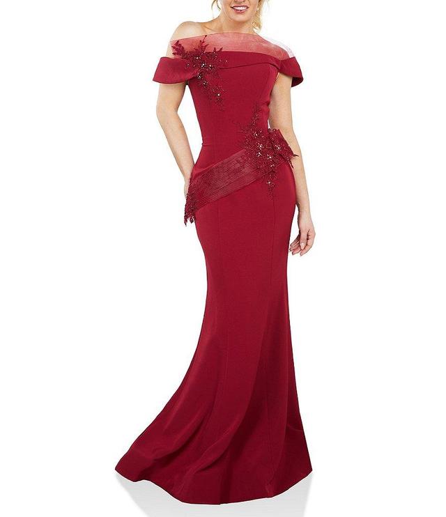 Terani Couture Stretch Satin Off-the-Shoulder Cap Sleeve Sash Gown Product Image