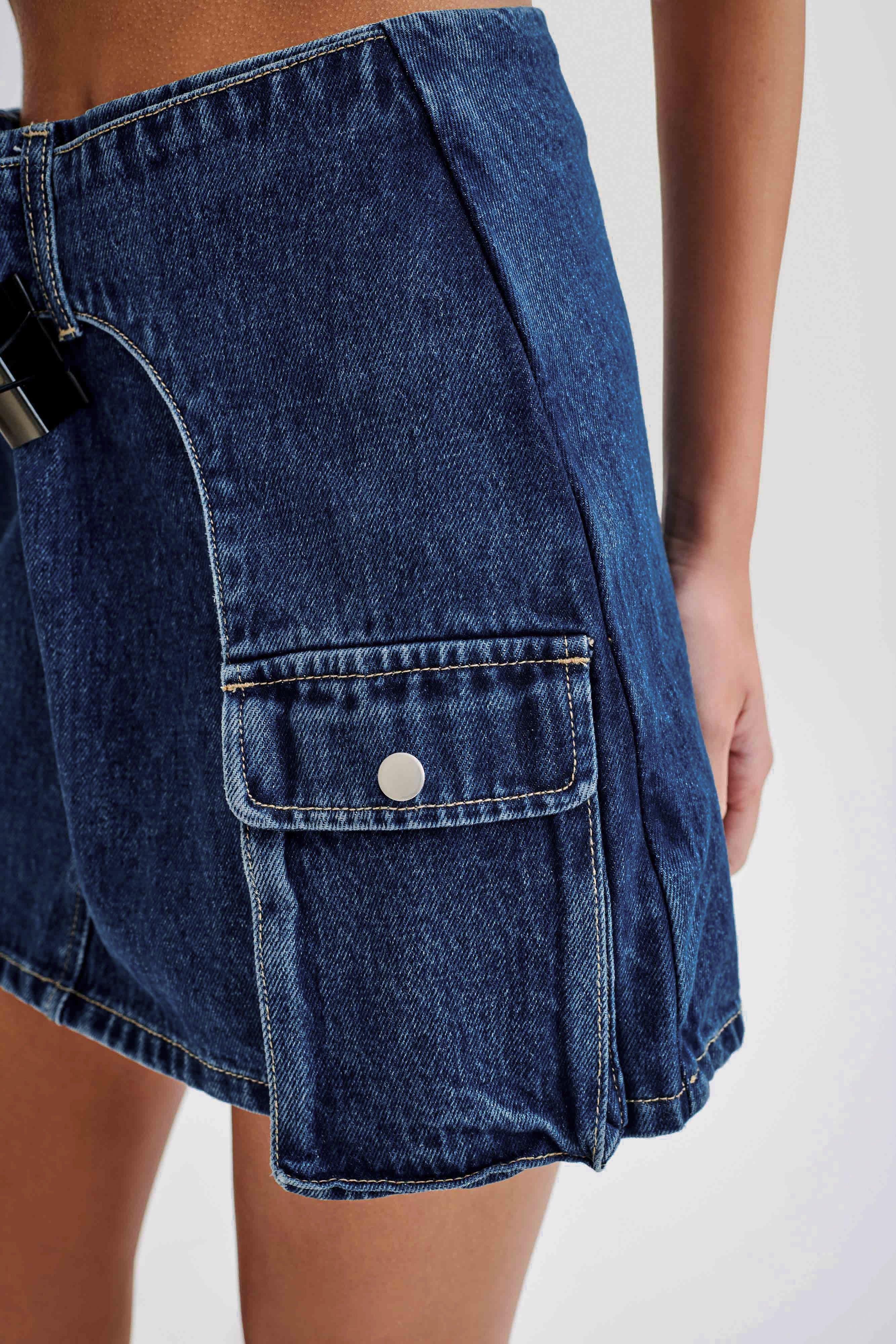 Rowena Denim Buckle Mini Skirt - Dark Blue Product Image