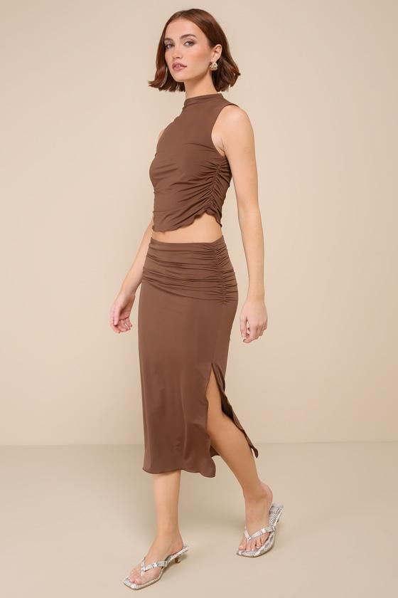 Blessed Babe Dark Brown Slinky Knit Ruched Two-Piece Midi Dress product image