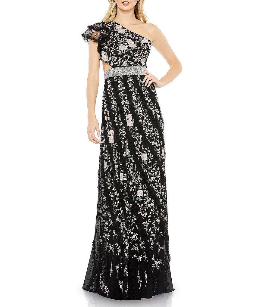 Mac Duggal Floral Embroidered One Shoulder Ruffle Sleeve Open Lace Up Back Gown Product Image