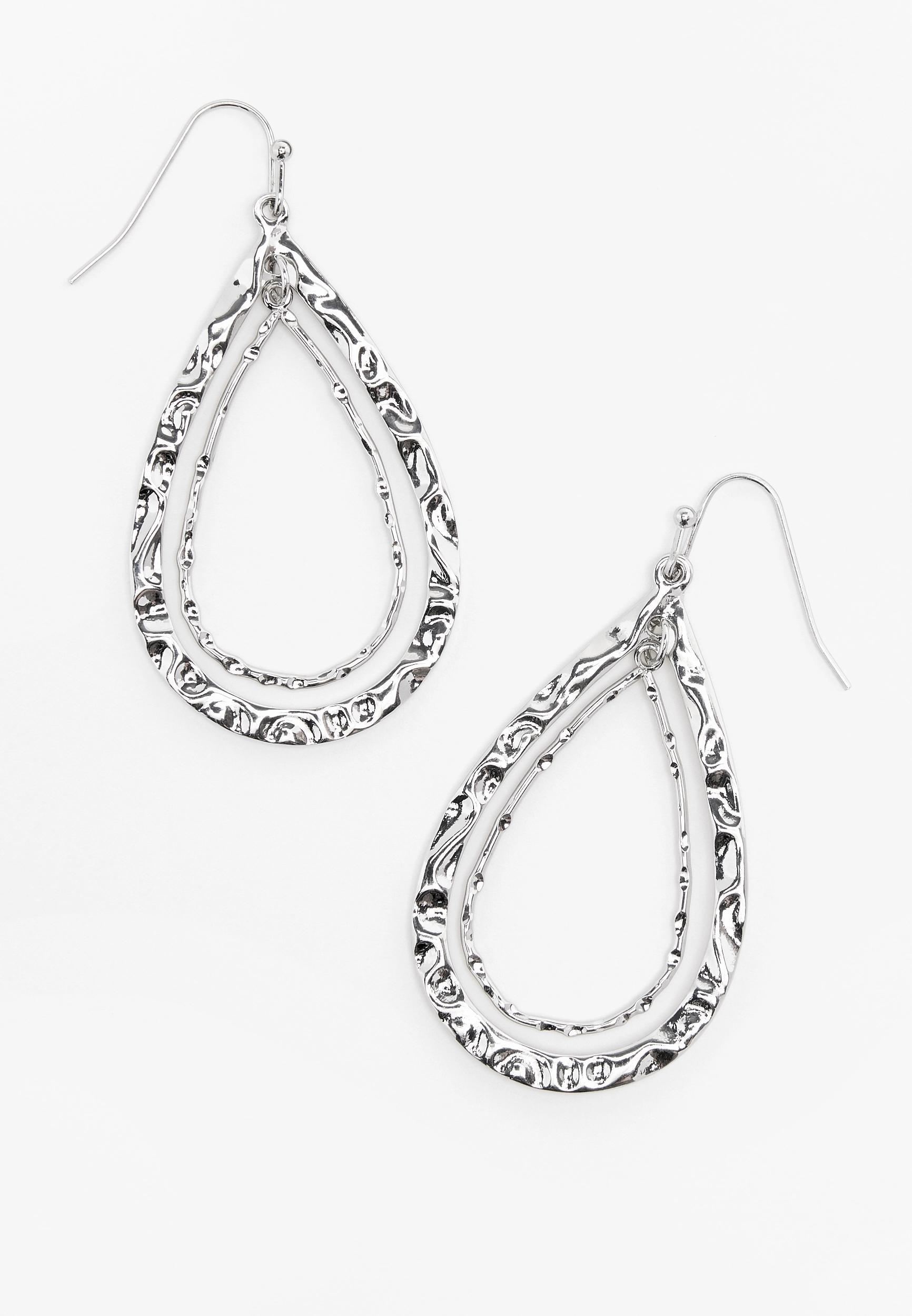 Silver Hammered Double Teardrop Earrings Product Image