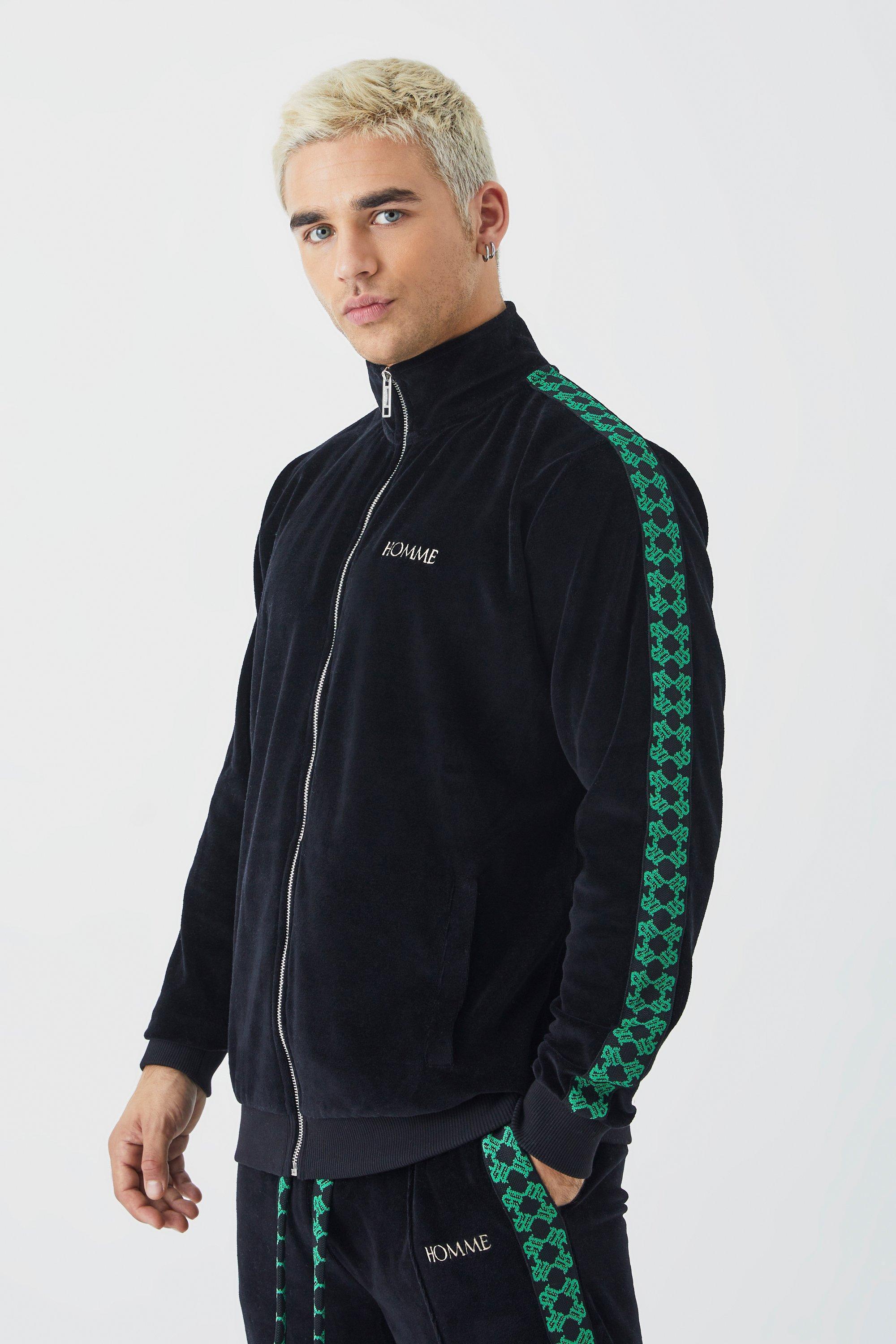 Velour Zip Through Jacquard Tape Track Top | boohooMAN USA Product Image