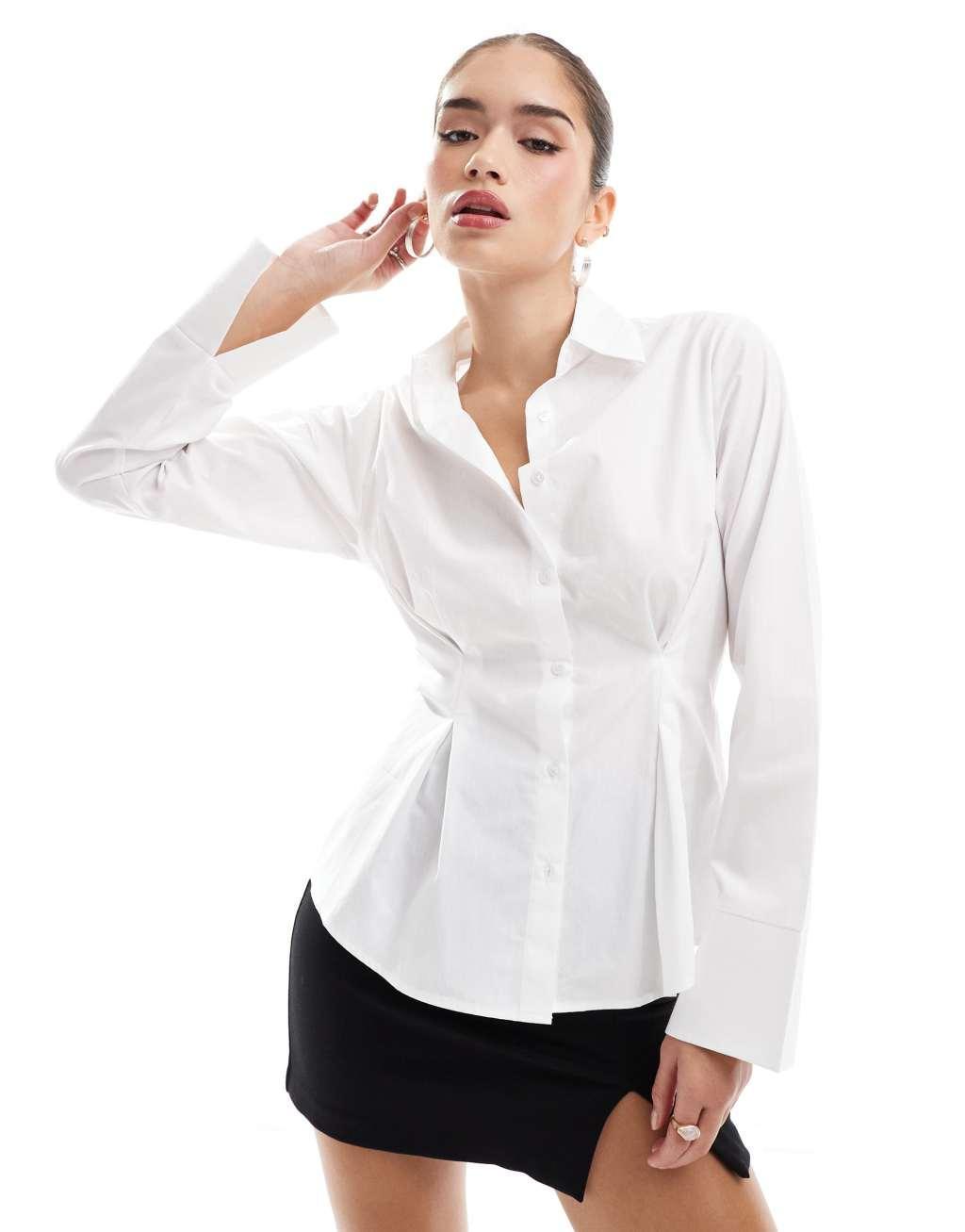 ASOS DESIGN poplin cinch waist shirt in white product image