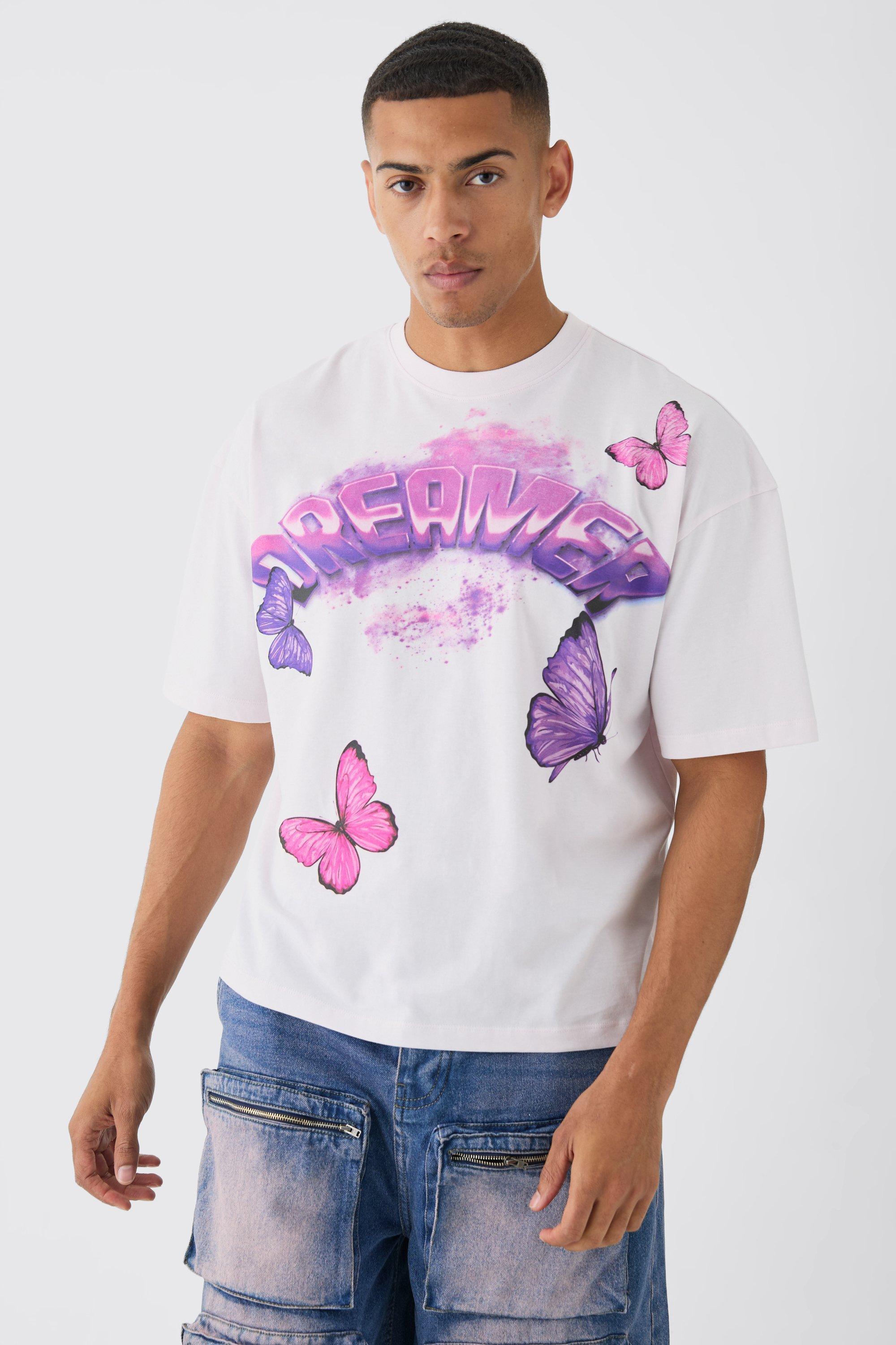 Mens Blue Oversized Boxy Large Butterfly Graphic T-shirt, Blue Product Image